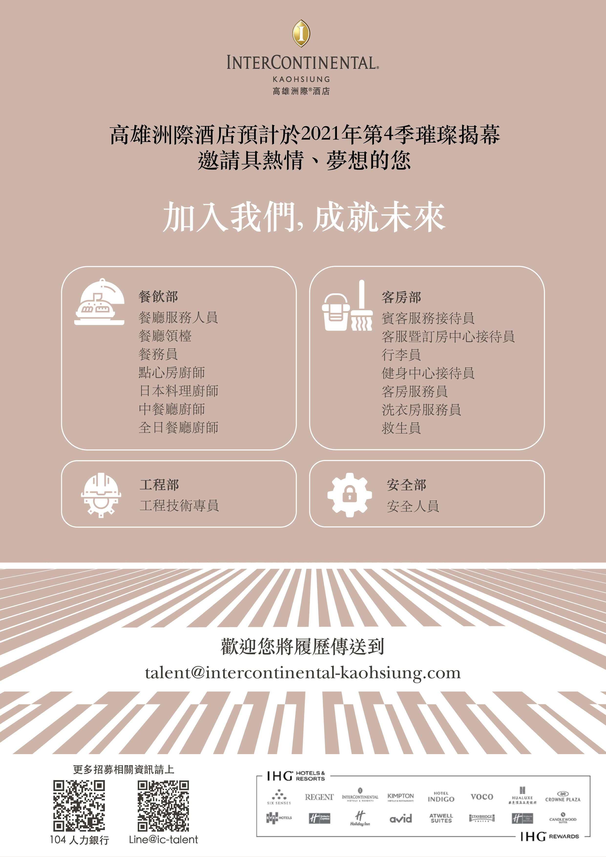 【人才招募】高雄洲際酒店 INTERCONTINENTAL KAOHSIUNG人才招募，歡迎本系應屆畢業生熱情加入！